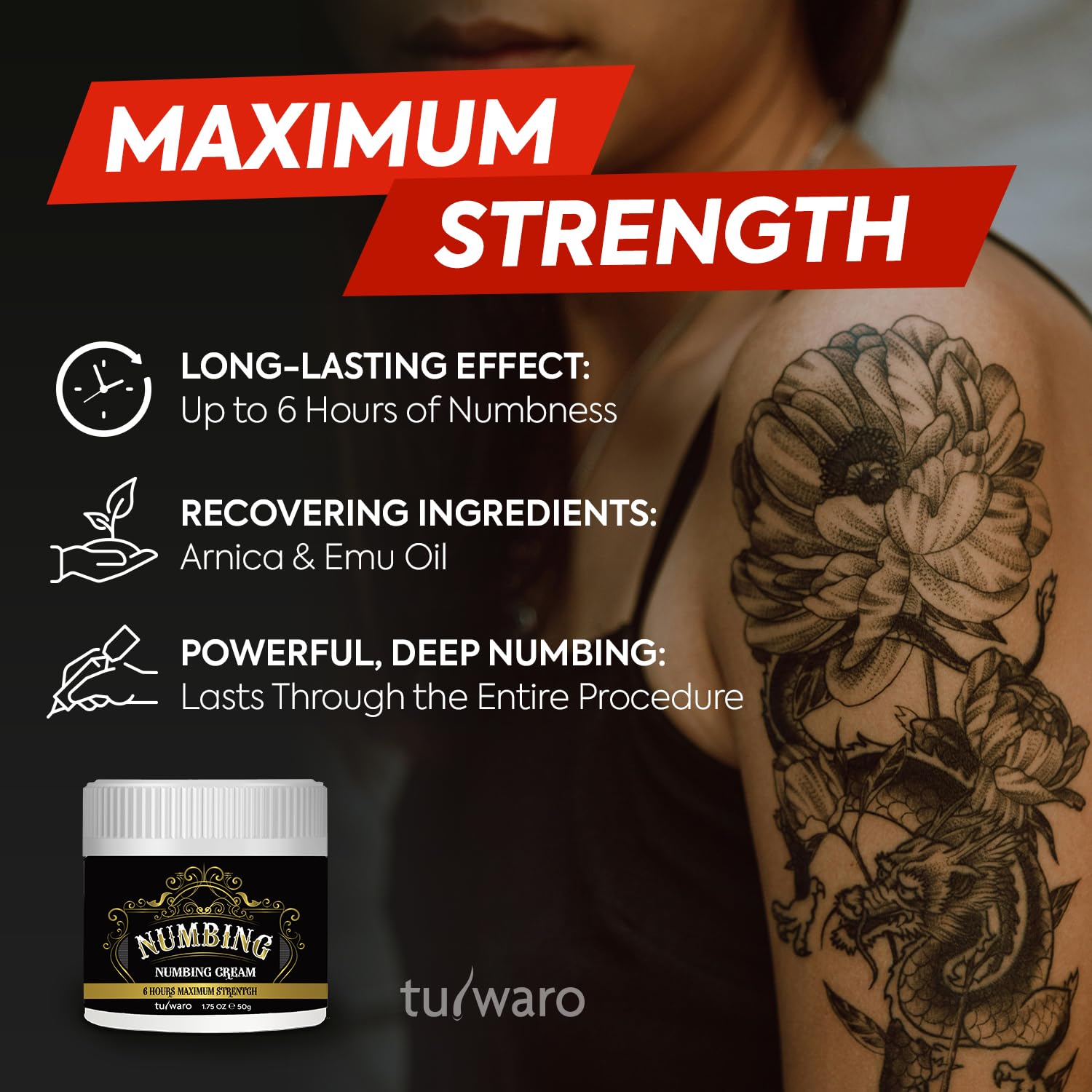 Numbing cream advertisement with tattooed arm and product packaging, featuring &