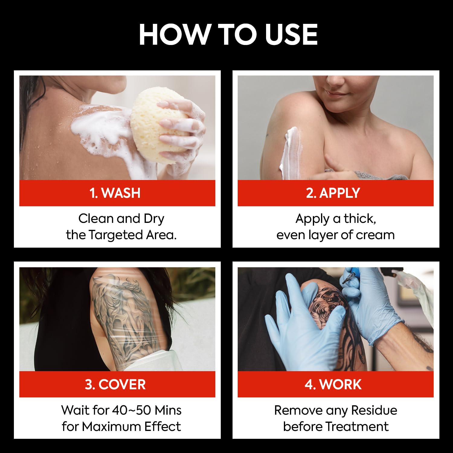 Step-by-step guide on how to use a tattoo care product with images and text.