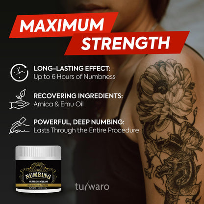 Numbing cream advertisement with tattooed arm and product packaging, featuring &
