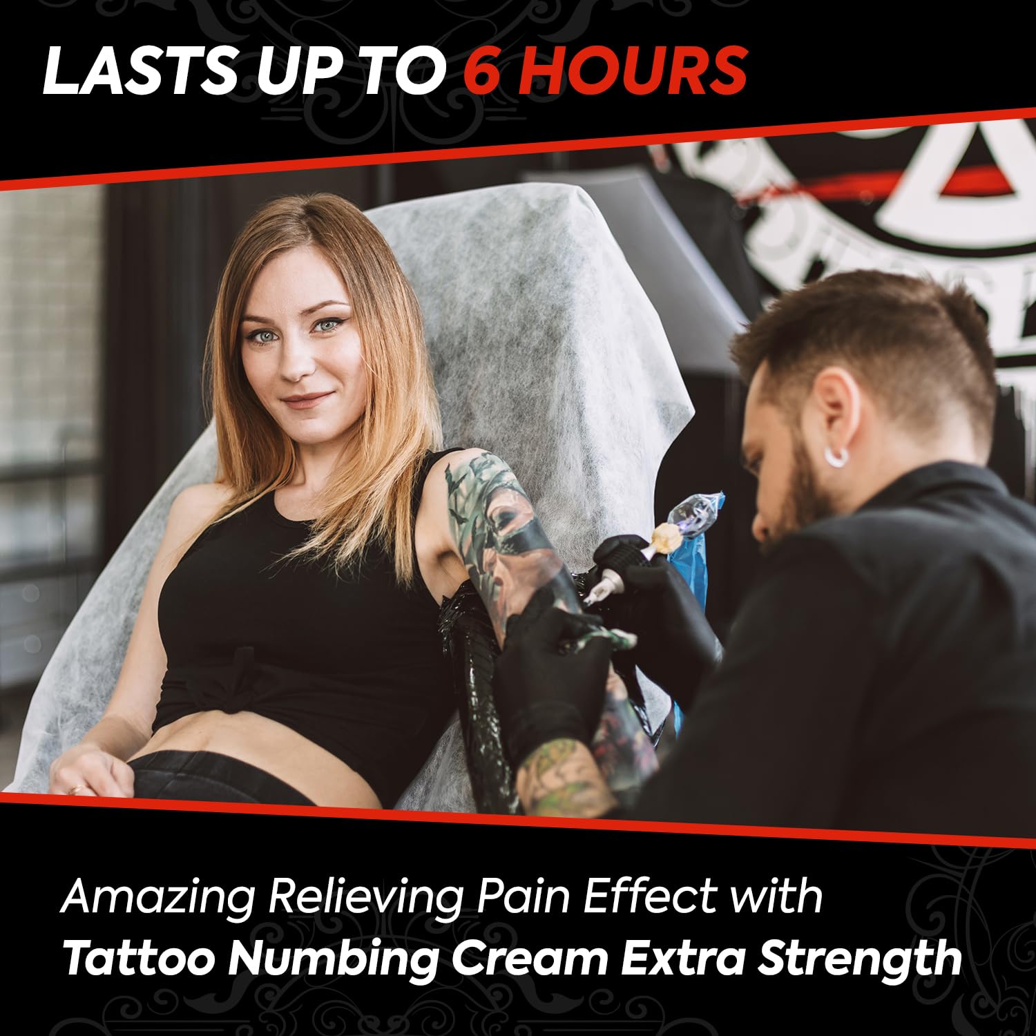 Woman receiving a tattoo with text about tattoo numbing cream&