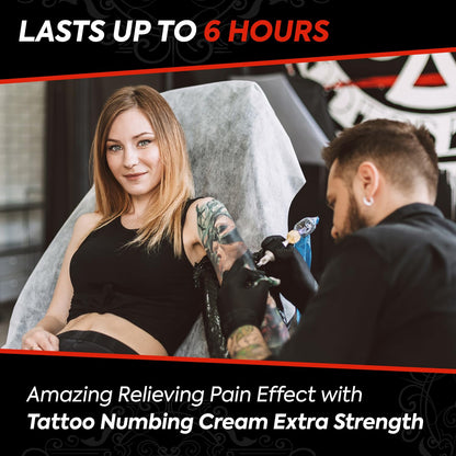 Woman receiving a tattoo with text about tattoo numbing cream&