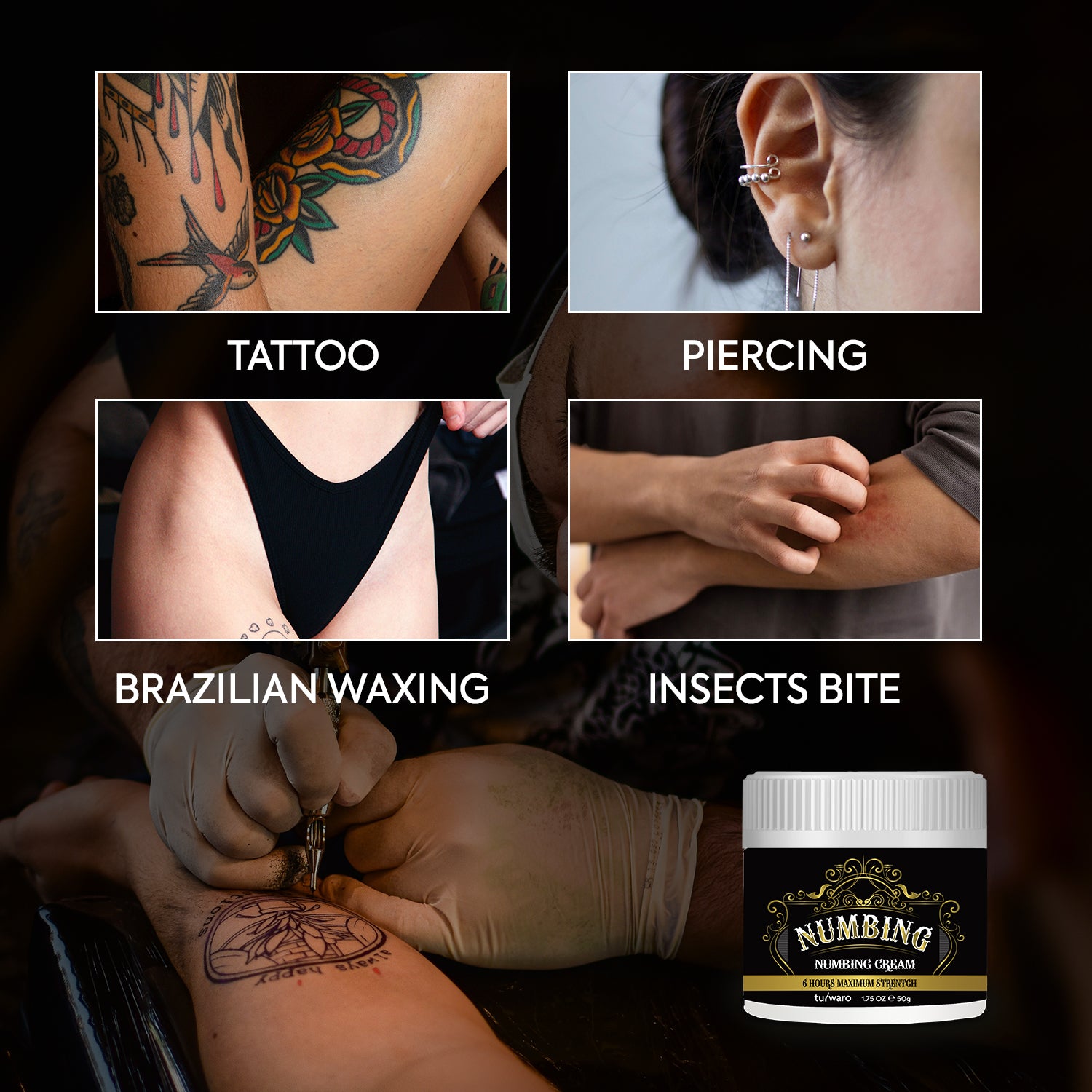 Numbing cream for tattoo, piercing, Brazilian waxing, and insect bite applications with close-up images.