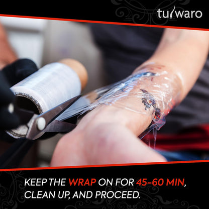 Person applying a wrap to a foot with text on how long to keep it on.