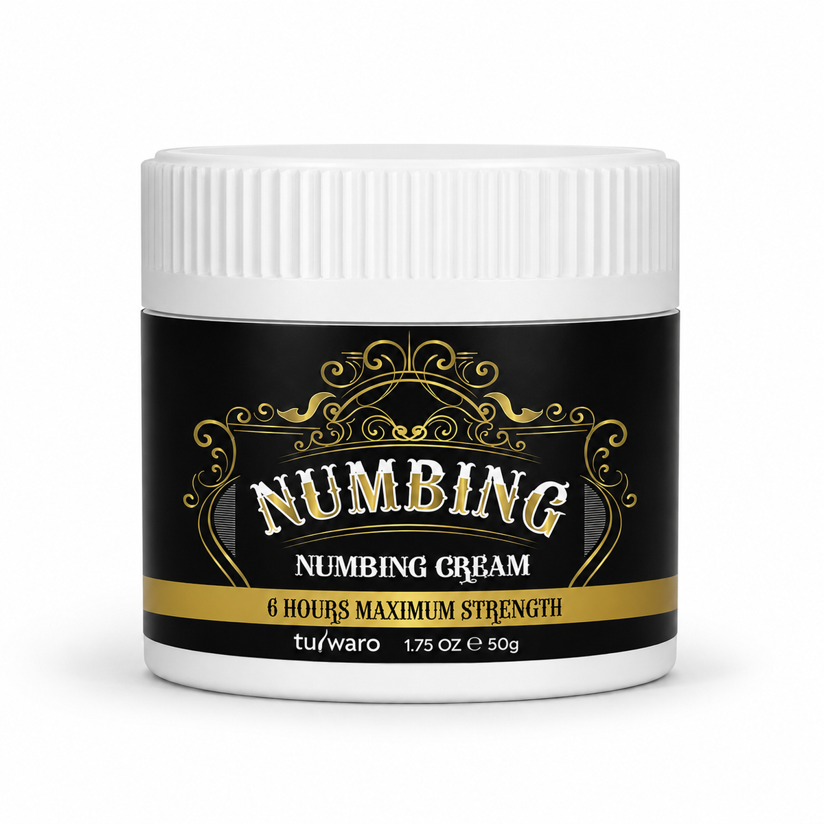 Jar of numbing cream with decorative label on a white background