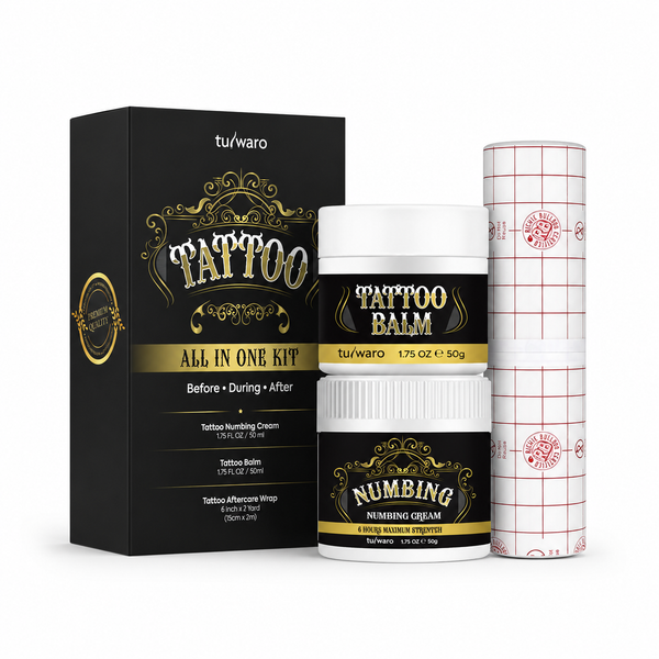 Tattoo care product set including balm, numbing cream, and wrap with tuwaro branding on a white background.