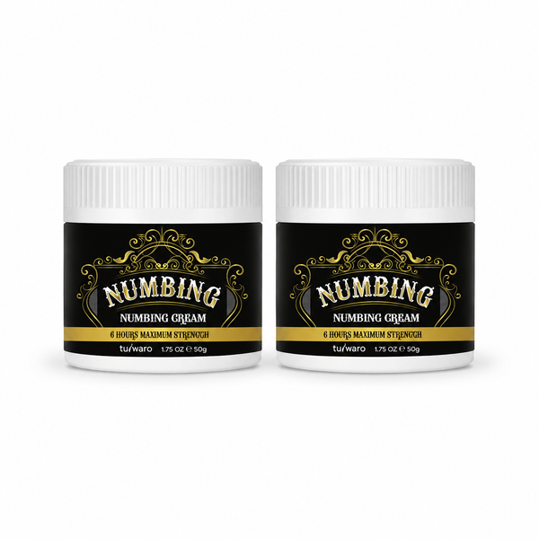 Two jars of numbing cream with black labels on a white background